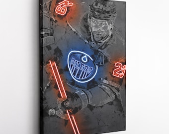 May include: A hockey player wearing a grey and blue jersey with the word "Oilers" in a blue neon circle. The player is holding a hockey stick with red neon lights. The jersey has the number "29" on the right shoulder and the letter "A" on the chest.
