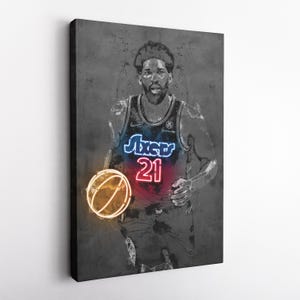 Joel Embiid Poster Neon Philadelphia 76ers NBA Hand Made Poster Canvas Framed Print Wall Kids Art Man Cave Gift Home Decor