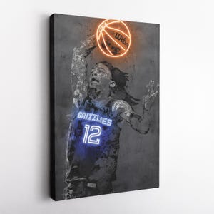 Ja Morant Neon Poster - Memphis Grizzlies NBA Canvas Print, Framed Wall Art, Kids&#39; Room, Man Cave, Fan Gift, Home Decor