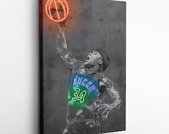Giannis Antetokounmpo Poster Neon Effect Milwaukee Bucks Basketball Hand Made Poster Canvas Print Kids Wall Art Man Cave Gift Home Decor