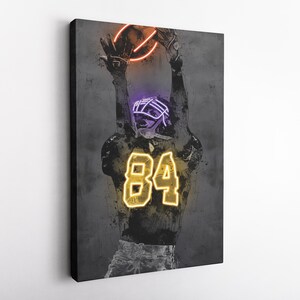 May include: A neon yellow and purple illustration of an American football player wearing a jersey with the number 84. The player is catching a football with a neon orange outline.