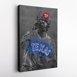 May include: A black and white illustration of a baseball player wearing a cap with a red "T" on it. The player is wearing a jersey with a blue neon "TEXAS" on the front. The background is a gray textured surface.