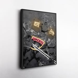 May include: Framed artwork featuring a football player in a grayscale illustration with neon accents. The word "FLORIDA" is in red neon, and the number "15" is in yellow neon. The artwork is mounted in a black frame.