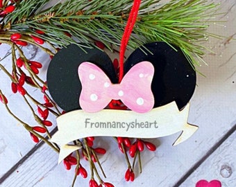 Disney Personalize Minnie Ears Ornament. Disney Minnie Ears Holly Bow. Proceeds donated. Gift under 15. Gift for Disney lover.