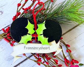 Disney Personalize Minnie Holly Ears Ornament. Disney Minnie Ears Holly Bow. Proceeds donated. Gift under 15. Gift for Disney lover.