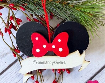Disney Personalize Minnie Ears Ornament. Disney Minnie Ears Holly Bow. Proceeds donated. Gift under 15. Gift for Disney lover.