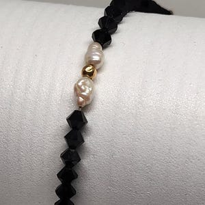 14k Gold Freshwater Pearl Bracelet: Black Rhinestone Beaded Jewelry