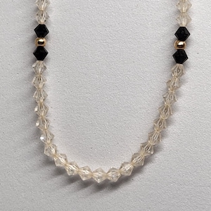 14K Gold Black & Clear Crystal Necklace, Gold Necklace, Crystal Jewelry, Black Crystal Pendant, Gift for Her