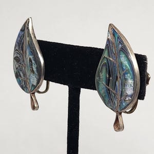 Vintage Taxco Sterling Silver Abalone Leaf Screwback Earrings