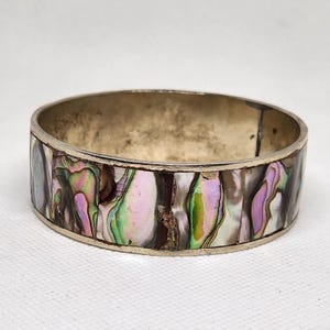 Vintage Mexican Abalone Bangle: Alpaca Silver Inlay, 7&quot;