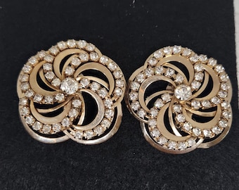 Vintage Gold Tone Rhinestone Swirl Clip On Earrings Large Statement