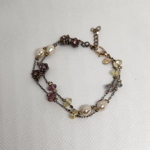Vintage Premier Designs Pearl Bracelet: Gold Tone Flower, Rhinestone, Beaded 2-Strand
