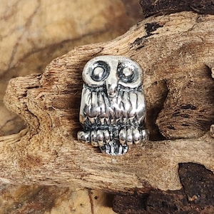 Puede incluir: Pequeña figura de búho plateado con detalles finos. El búho tiene ojos grandes, un pico y plumas texturizadas. La figura está sobre un fondo de madera natural, resaltando su diseño intrincado y brillo metálico.