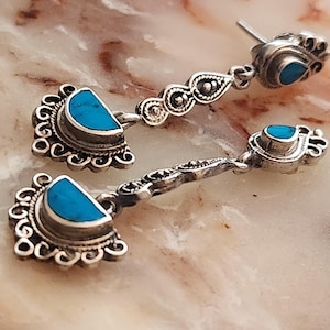 Sterling Silver Turquoise Inlay Dangle Earrings, Turquoise Jewelry, Statement Earrings, Gift for Her, Boho Earrings