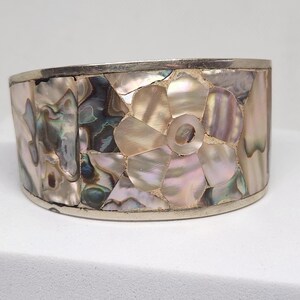 Bracelet Manchette Vintage Alpaca Incrusté De Nacre - Bijou Ancien Collection