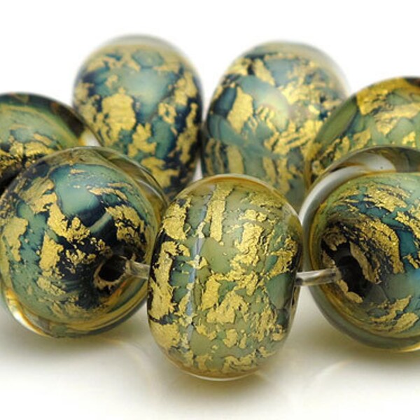SALE - Handmade Lampwork Bead Set Small World Green and Gold Leaf SRA
