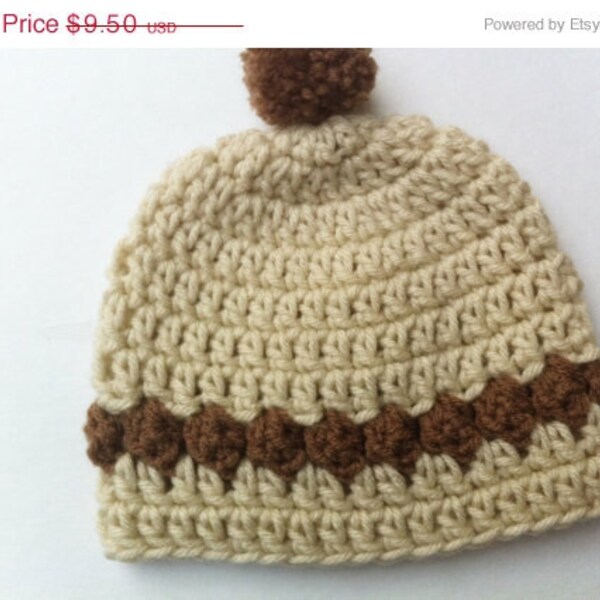 ON SALE Newborn Crochet Baby Hat Photo Prop Linen and Cocoa with Pom Pom 0-3 months