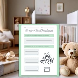 Puede incluir: Una hoja de trabajo de "Mentalidad de crecimiento" con indicaciones para la superación personal, con una ilustración de una planta. Un oso de peluche y un regalo envuelto con un lazo están en primer plano. El fondo incluye una cuna y un armario de madera.