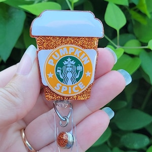 Pumpkin spice starbucks coffee badge reel / just badge reel / nurse gift / teacher badge reel / teacher gift /
