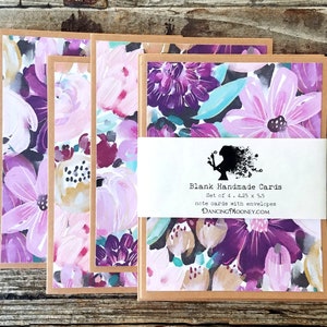 Floral Note Cards with Envelopes . Set of 4 . Purple Flower Cards Blank Notecards Set . Thank You Note Cards . Handmade Cards with Envelope