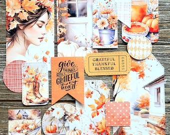 THANKSGIVING Junk Journal Kit . 15 pcs Handmade Die Cuts . Art Journal Ephemera Kit . Farmhouse Rustic Country . Grateful Thankful Blessed