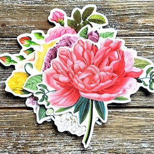 Vintage Flower Stickers . Large Cardstock DieCut Stickers . Set of 7 . Junk Journal Ephemera Art Journal Supplies . Scrapbooking . Glue Book imagen 1