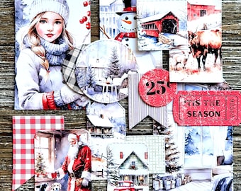 CHRISTMAS Junk Journal Kit . 15 pc Handmade Die Cuts . Art Journal Ephemera Pack Scrapbook Supplies . Farmhouse Rustic Red . Tis the Season