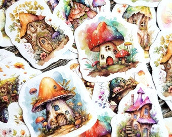 46 pcs . Mushroom Journal Stickers . Art Journal Stickers Junk Journal Stickers . Fairy Mushroom House Stickers . Scrapbooking Stickers