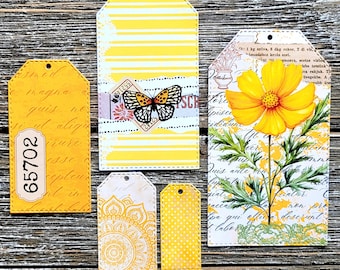 Junk Journal Tags . Art Journal Ephemera . Set of 5 Yellow Floral Gift Tags . Scrapbook Supplies . Cottage Core Tea Tags Colorful Hang Tags