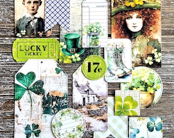 ST PATRICKS DAY Junk Journal Kit . 15 pc Handmade Die Cuts Ephemera Pack . Art Journaling Supplies . Scrapbooking Ephemera . March Shamrock