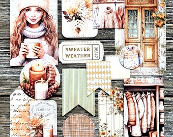 FALL Junk Journal Kit . 15 pc Handmade Die Cuts . Autumn Boho Hygge . Art Journal Supplies Fall Scrapbooking Ephemera Kit . Sweater Weather