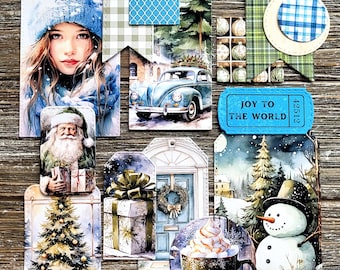 CHRISTMAS Junk Journal Kit . 15 pcs Handmade Die Cuts . Art Journal Supplies Scrapbook Ephemera Pack . Green Teal Blue . Joy to the World