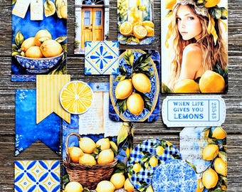 SUMMER Lemons Junk Journal Kit . 15 pcs Handmade Die Cuts . Art Journal Ephemera Pack . Scrapbooking Glue Book Kit . Blue Yellow Lemonade