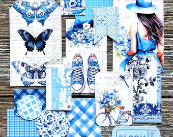 SUMMER Blues Junk Journal Kit . 15 pcs Handmade Die Cuts . Art Journal Supplies Scrapbook Card Making Glue Book . Journal Ephemera Pack BLUE