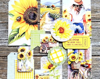 SUMMER Sunflower Junk Journal Kit . 15 pcs Handmade Die Cuts . Art Journal Ephemera Pack . Farmhouse Rustic Country . Scrapbooking Glue Book