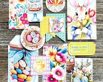 EASTER Bunny Spring Ephemera Pack . Junk Journal Kit . 15 pc Handmade Die Cuts . Art Journal Supplies . Scrapbook Ephemera . Bright Florals