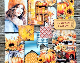 FALL Junk Journal Kit . 15 pcs Handmade Die Cuts . Art Journal Ephemera . Glue Book . Farmhouse Rustic Country . Sunflower Pumpkin Season