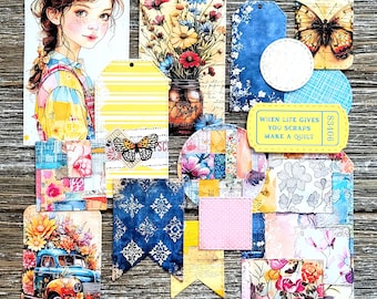 SUMMER Junk Journal Kit . 15 pc Handmade Die Cuts . Scrapbook Glue Book Art Journal Ephemera Pack . Rustic Cottage Autumn . Patchwork Floral