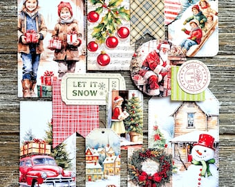 Vintage CHRISTMAS Junk Journal Kit . 15 pc Handmade Die Cuts . Art Journal Ephemera Pack Scrapbook Supplies . Rustic Red Green . Let it Snow