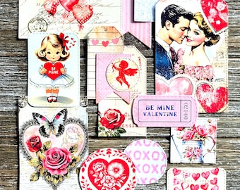 VALENTINES DAY Ephemera Pack . Junk Journal Kit . 15 pc Handmade Die Cuts . Art Journal Supplies . Scrapbooking Ephemera . Vintage Valentine