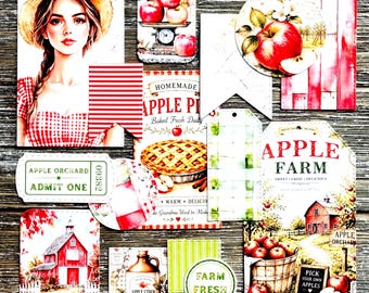FALL Junk Journal Kit . 15 pcs Handmade Die Cuts . Art Journal Ephemera . Glue Book . Farmhouse Rustic Country . Red Apple Harvest Season
