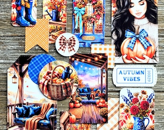 FALL Junk Journal Kit . 15 pc Handmade Die Cuts . Art Journal Supplies Scrapbook Ephemera Glue Book Kit . Blue Orange Pumpkin . Autumn Vibes