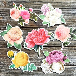 Vintage Flower Stickers . Large Cardstock DieCut Stickers . Set of 7 . Junk Journal Ephemera Art Journal Supplies . Scrapbooking . Glue Book imagen 5