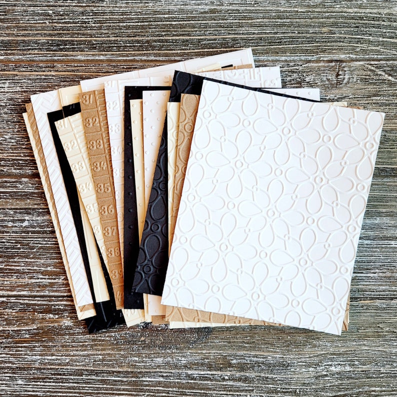 16 pcs . Embossed Cardstock . 4x5 Decorative Papers . Black White Ivory Kraft . Junk Journal Ephemera . Scrapbooking . Card Making Supplies image 1