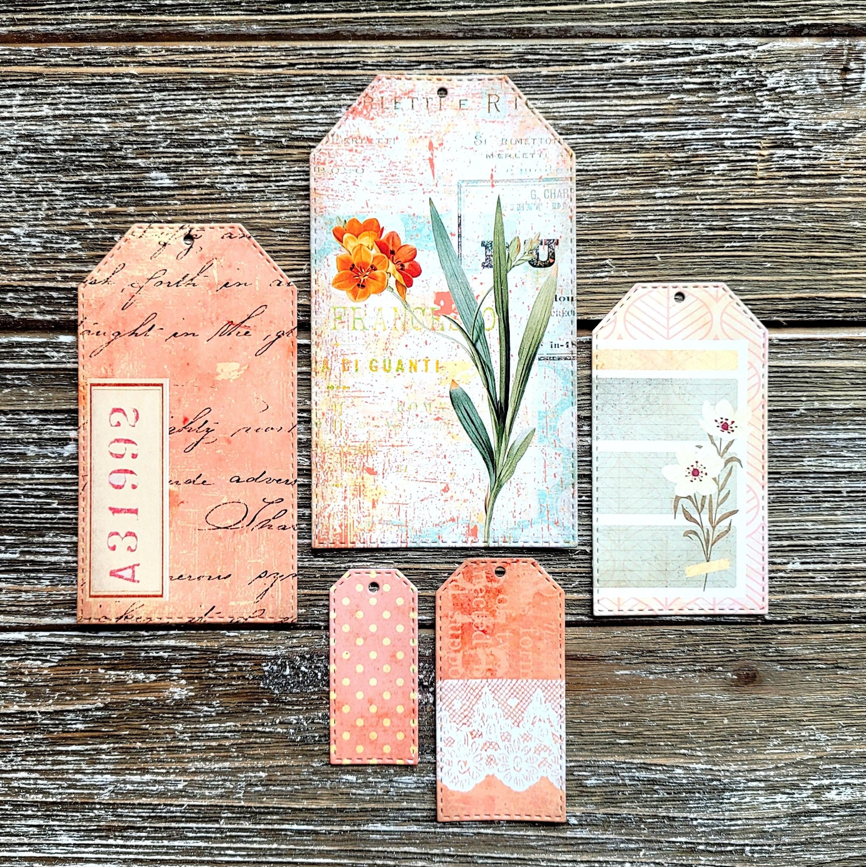 Junk Journal Tags . Art Journal Ephemera . Set of 5 Coral Floral Gift Tags . Scrapbook Supplies . Cottage Core Tea Tags . Colorful Hang Tags