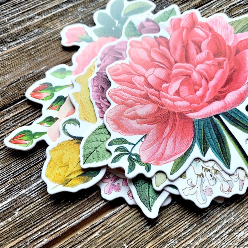 Vintage Flower Stickers . Large Cardstock DieCut Stickers . Set of 7 . Junk Journal Ephemera Art Journal Supplies . Scrapbooking . Glue Book imagen 2