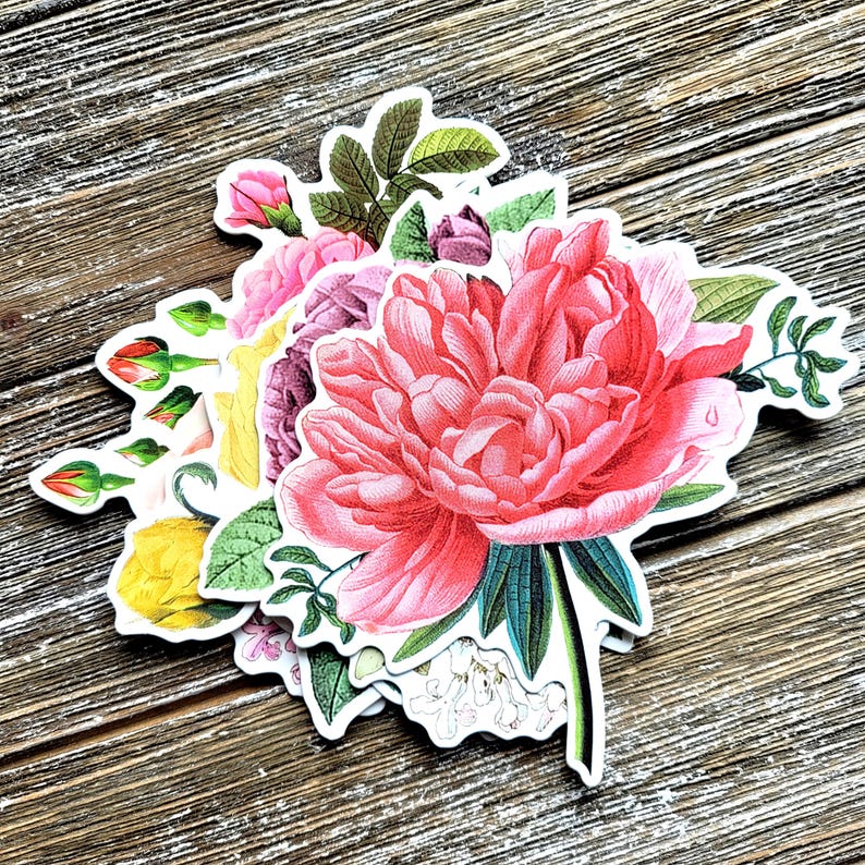 Vintage Flower Stickers . Large Cardstock DieCut Stickers . Set of 7 . Junk Journal Ephemera Art Journal Supplies . Scrapbooking . Glue Book imagen 4