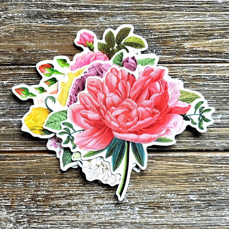 Vintage Flower Stickers . Large Cardstock DieCut Stickers . Set of 7 . Junk Journal Ephemera Art Journal Supplies . Scrapbooking . Glue Book imagen 1