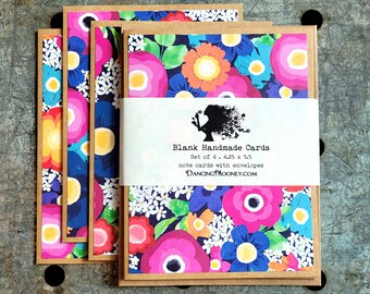 Retro Floral Note Cards with Envelopes . Set of 4 . Colorful Flower Notecards . Eco Friendly Gift Ideas . Spring Summer Floral Note Cards