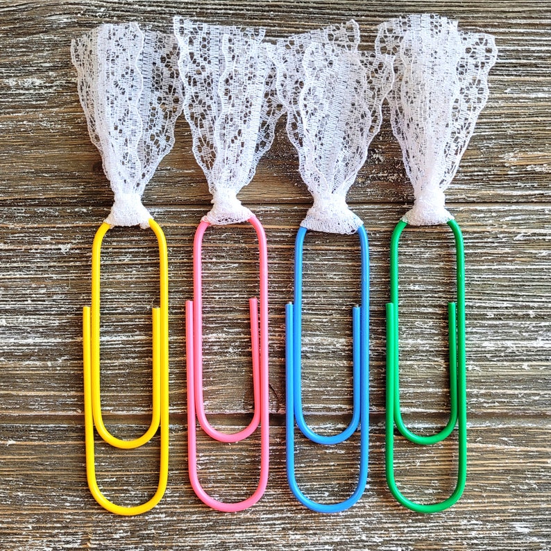 Set of 4 . Jumbo Paper Clips for Journals . Paper Clips for Planners . Large Paper Clips . Book Marker Paper Clips . Junk Journal Ephemera With Lace